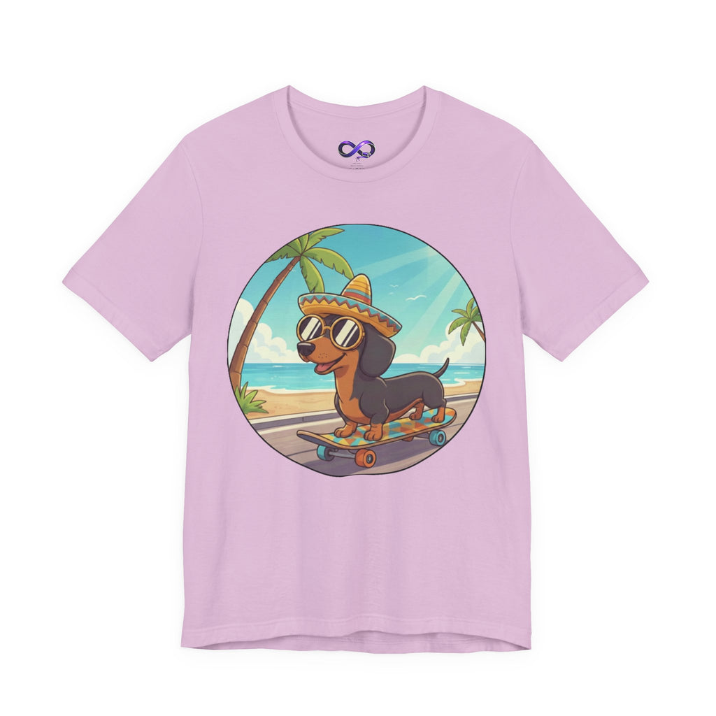 Dachshund Skateboard Tee — Beach Vibes Dog Skateboard T‑Shirt