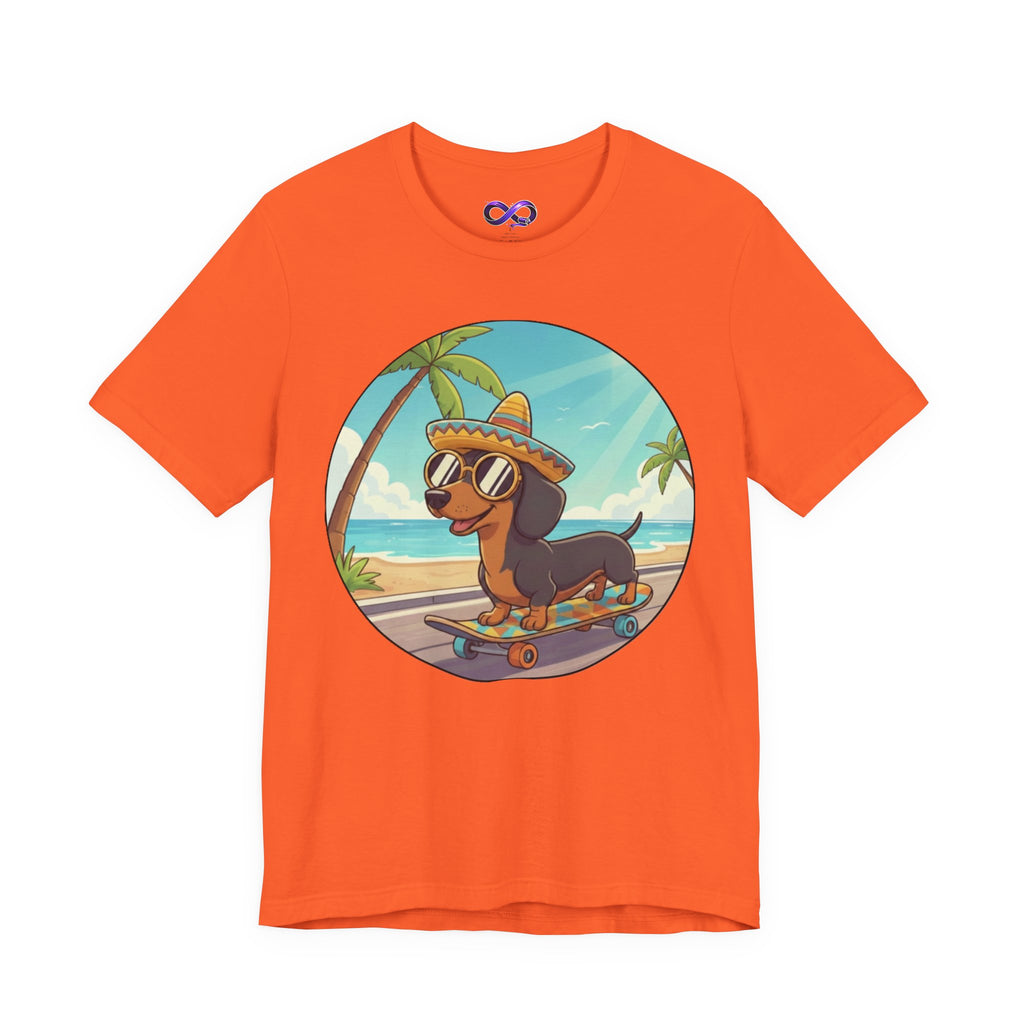 Dachshund Skateboard Tee — Beach Vibes Dog Skateboard T‑Shirt