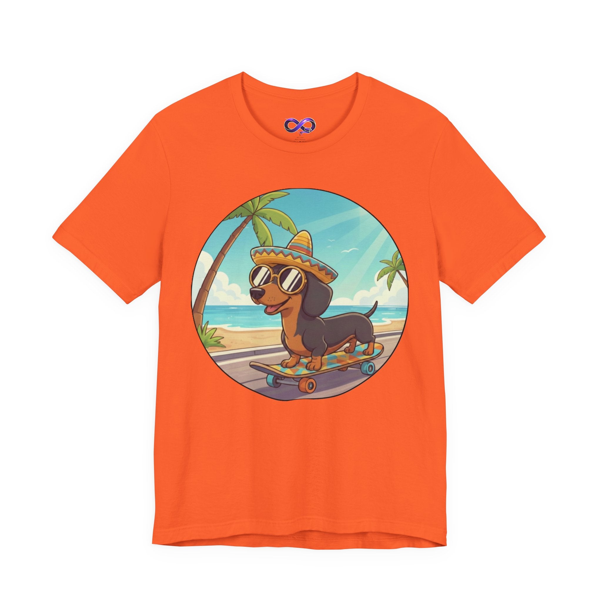 Dachshund Skateboard Tee — Beach Vibes Dog Skateboard T‑Shirt