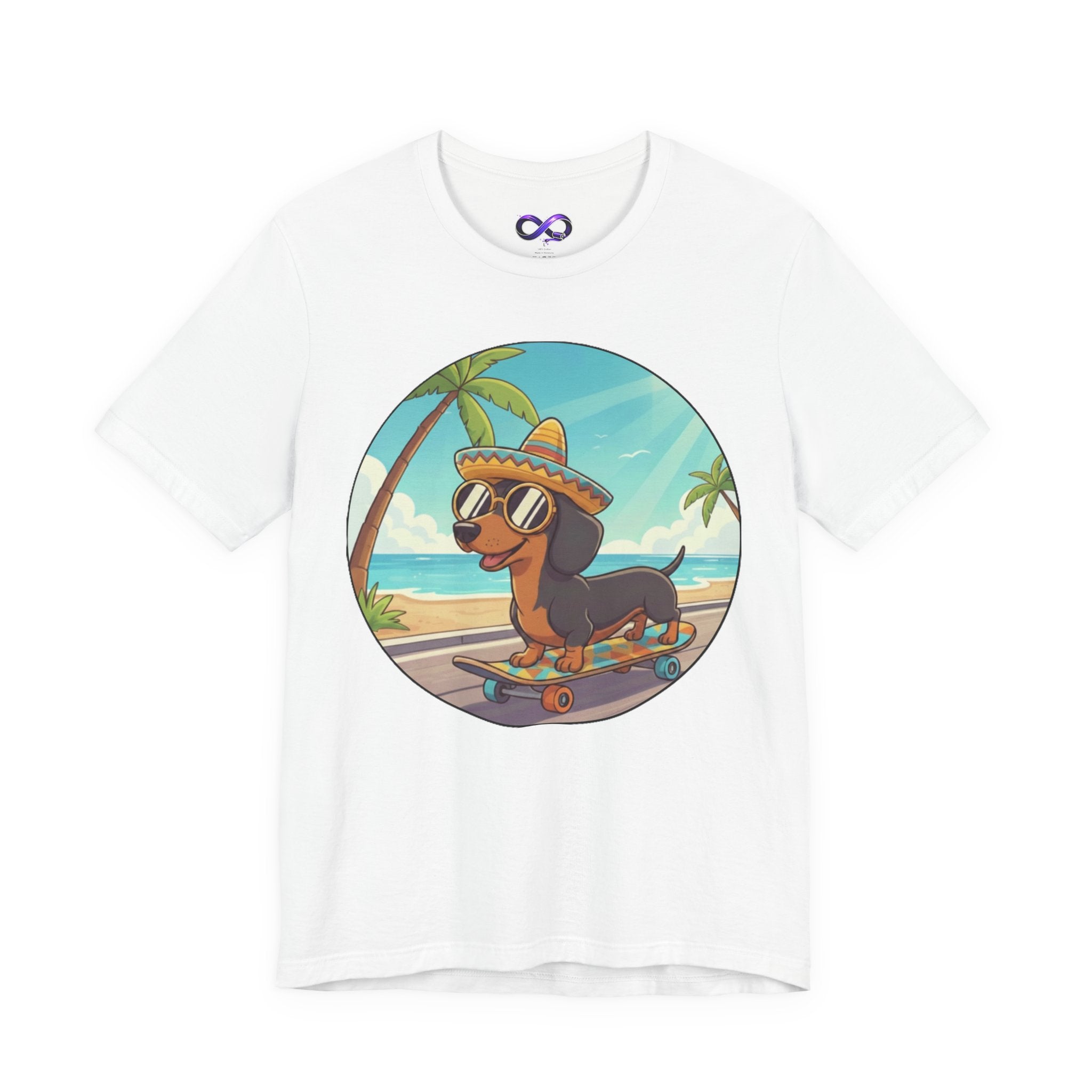 Dachshund Skateboard Tee — Beach Vibes Dog Skateboard T‑Shirt