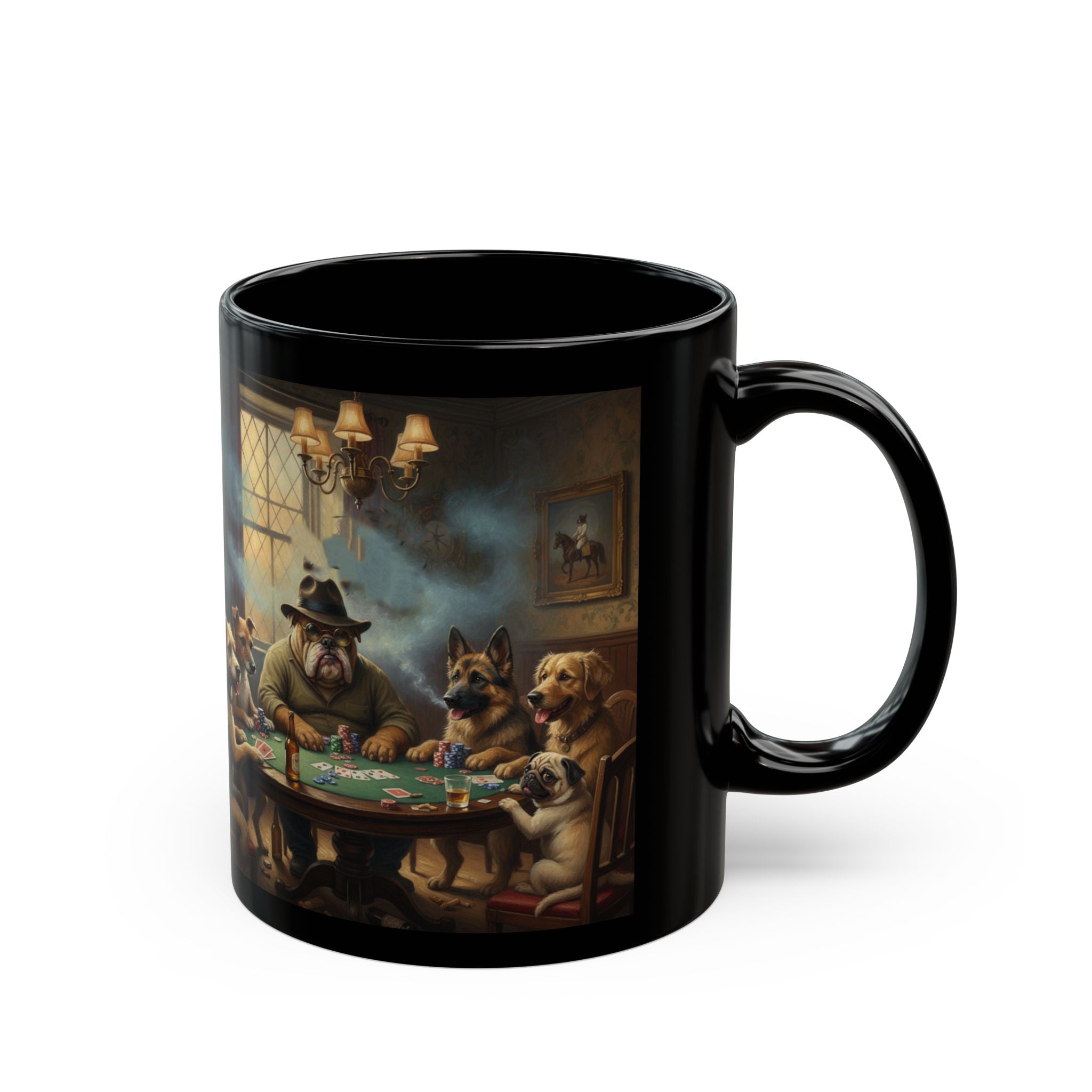 Poker Dogs Black Ceramic Mug — Funny Canine Poker Night Coffee Cup (11oz/15oz)