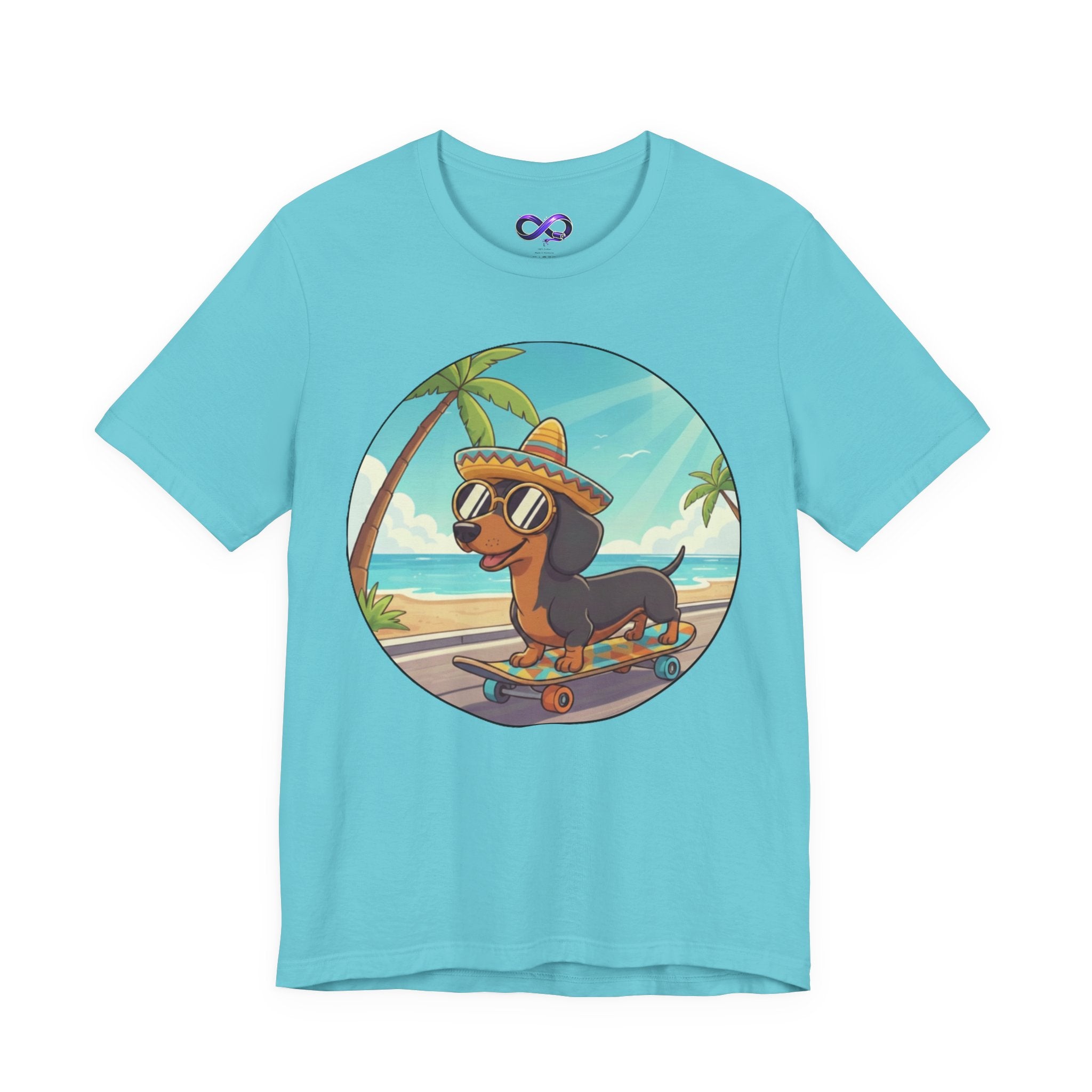Dachshund Skateboard Tee — Beach Vibes Dog Skateboard T‑Shirt