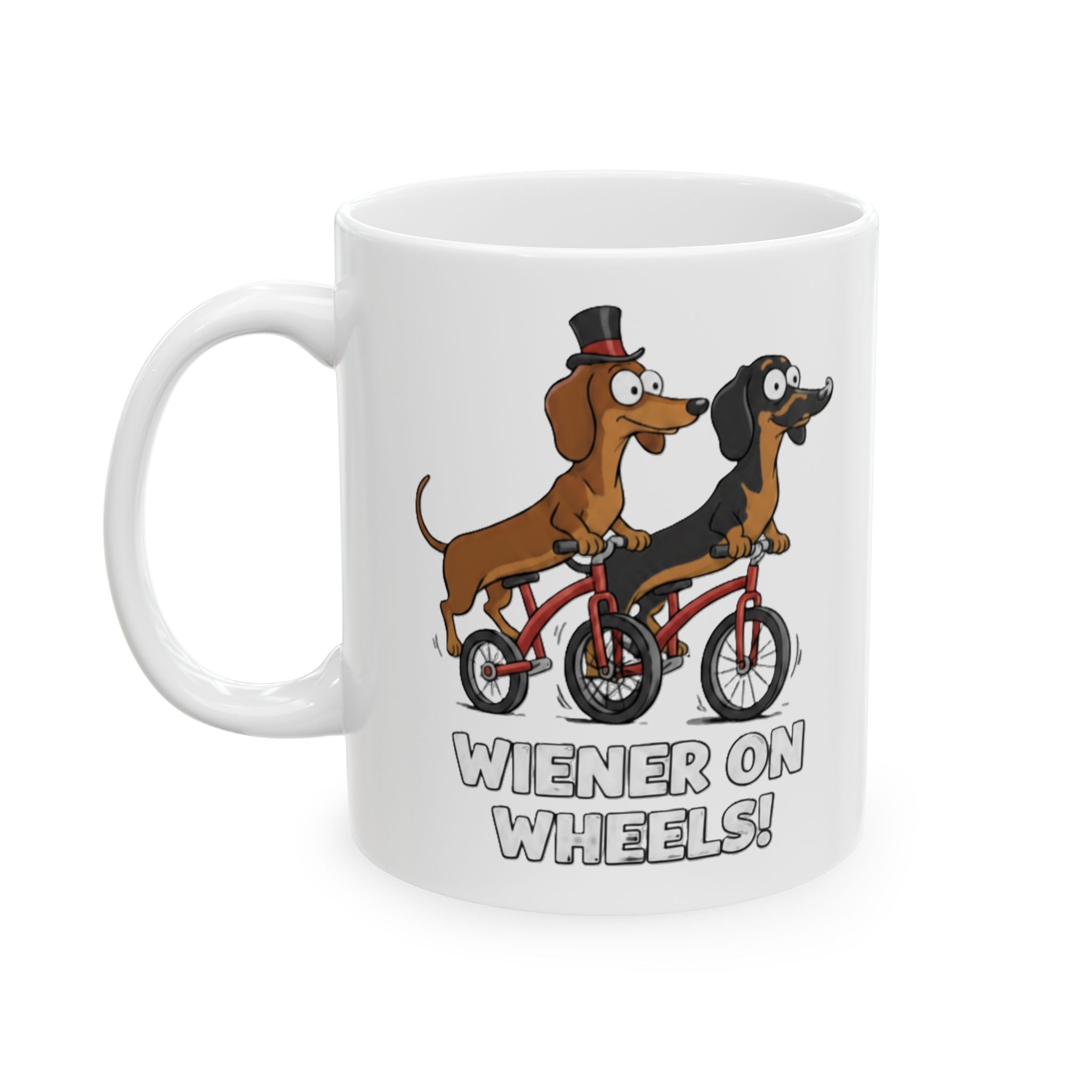 Dachshund on Bike Ceramic Mug – 'Wiener On Wheels' Funny Dog Coffee Cup (11oz, 15oz)