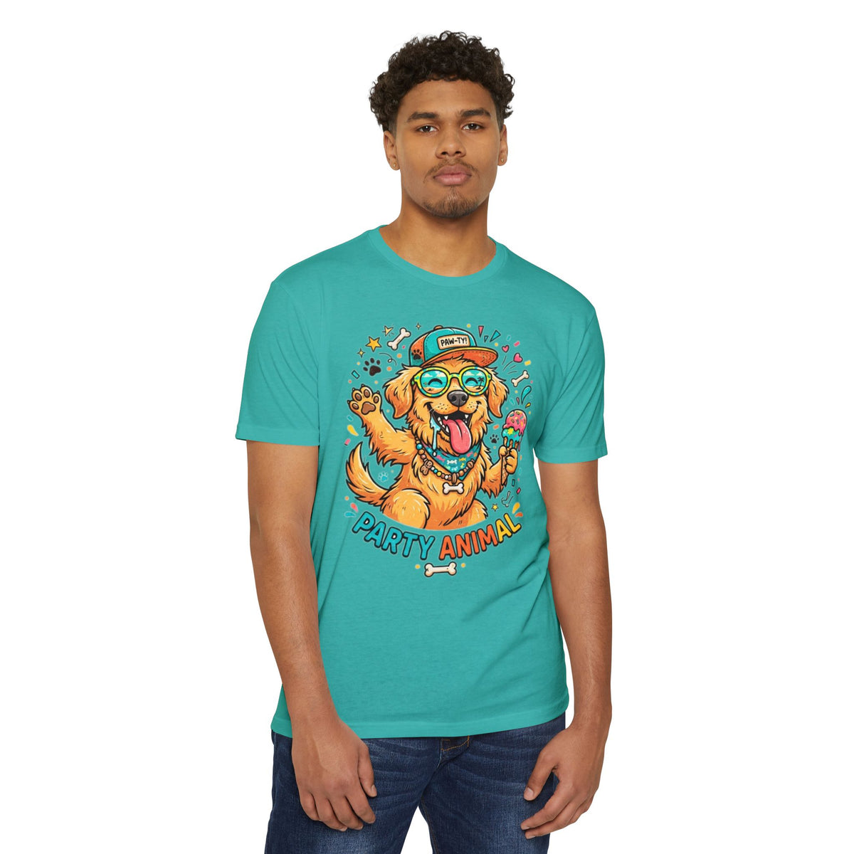 Party Animal Dog Graphic T-Shirt — Cute Golden Retriever Ice Cream Tee