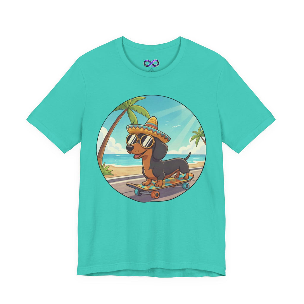Dachshund Skateboard Tee — Beach Vibes Dog Skateboard T‑Shirt